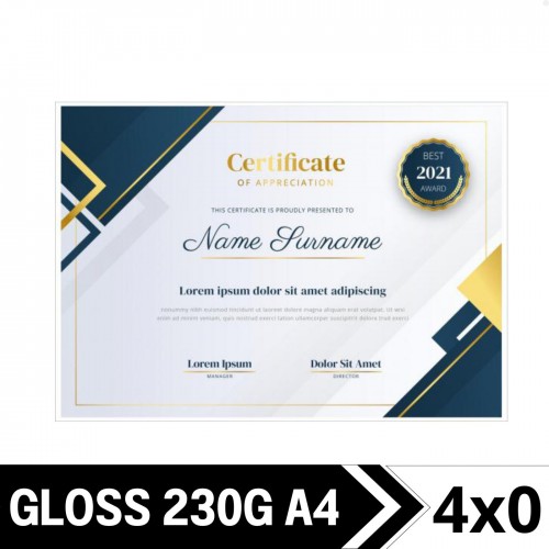 Certificado Gloss 230g | A4 21x29,7cm | 4x0 Colorido Personalizado